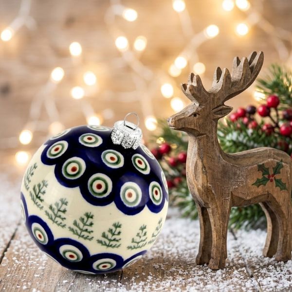 Handmade Polish pottery Christmas ball and bell ornaments and tree luminary from Boleslawiec
